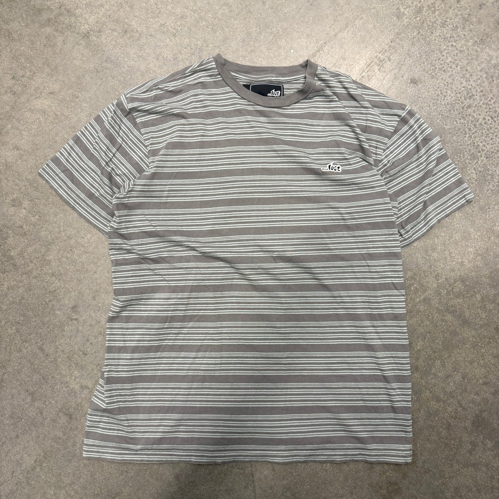 Lost Enterprises Mens Large Striped T-Shirt Grey White Surf Skate Logo Tee